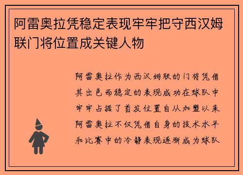 阿雷奥拉凭稳定表现牢牢把守西汉姆联门将位置成关键人物