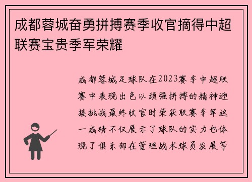 成都蓉城奋勇拼搏赛季收官摘得中超联赛宝贵季军荣耀
