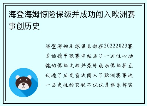 海登海姆惊险保级并成功闯入欧洲赛事创历史